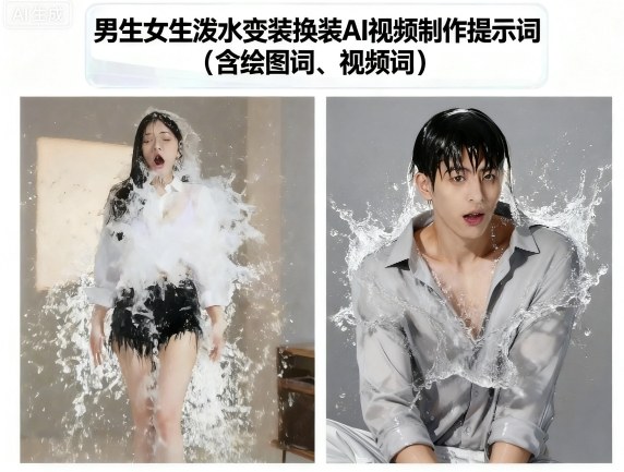 男生女生泼水变装换装AI视频制作提示词(含绘图词、视频词)-shlyzo