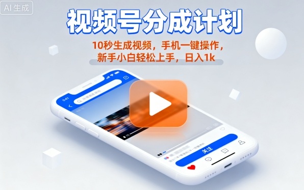 视频号分成计划懒人玩法，10秒生成视频，手机一键操作，新手小白轻松上手，日入1K【揭秘】-shlyzo