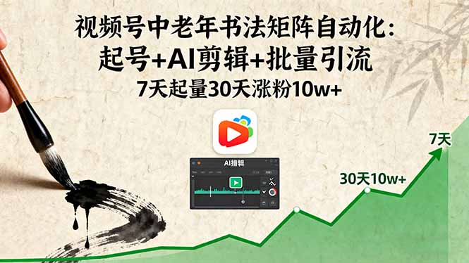 视频号中老年书法矩阵自动化：起号+AI剪辑+批量引流 7天起量30天涨粉10w+-shlyzo