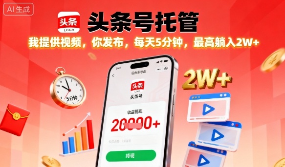 【头条号托管】我提供视频，你发布，每天5分钟，最高躺入2W+【揭秘】-shlyzo