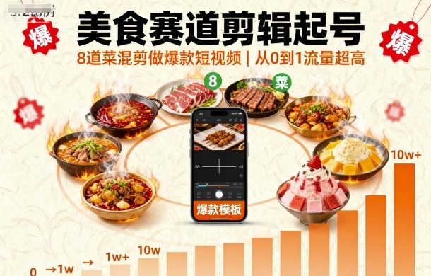 美食赛道剪辑起号，8道菜混剪做爆款短视频，从0到1，流量超高-shlyzo