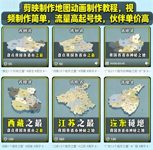 剪映制作地图动画制作教程，视频制作简单，流量高起号快，伙伴单价高-shlyzo