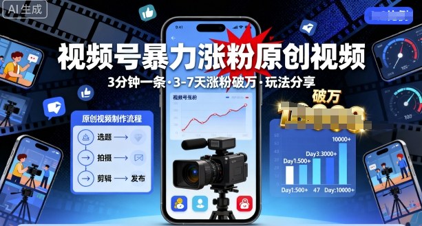 视频号暴力涨粉原创视频，3分钟一条原创视频，3-7天涨粉破万，玩法分享给你-shlyzo