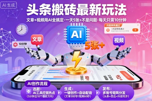 头条搬砖最新玩法，文章+视频用AI全搞定，一天5张+不是问题，每天只需10分钟-shlyzo