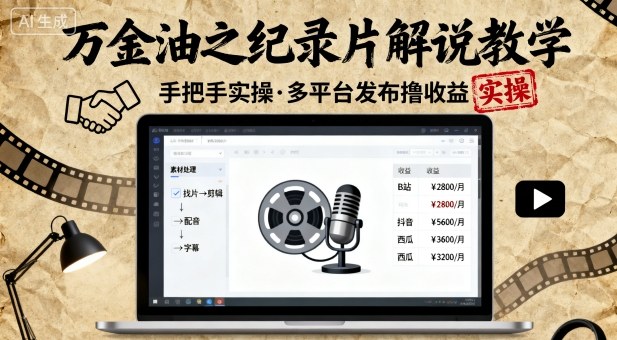 万金油之纪录片解说教学，手把手教你，完全实操，多平台发布撸收益-shlyzo