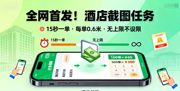 全网首发！酒店截图任务，15秒一单，每单0.6米，任务无上限不设限，矩阵操作单日3张到手【揭秘】-shlyzo