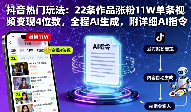 抖音热门玩法：22条作品涨粉11W单条视频变现4位数，全程AI生成，附详细AI指令-shlyzo