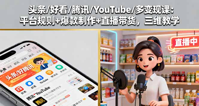 头条/好看/腾讯/YouTube/多变现课：平台规则+爆款制作+直播带货，三维教学-shlyzo